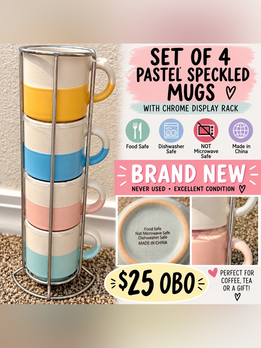 Set of 4 Pastel Speckled Mugs with Chrome Rack - Yellow, Blue, Pink, Mint
